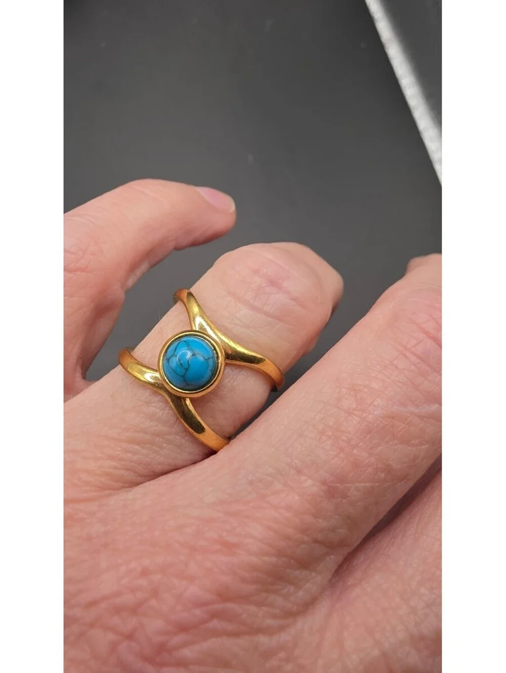 Bohemian Gold-Tone Stainless Steel Turquoise Open Ring Size Adjustable